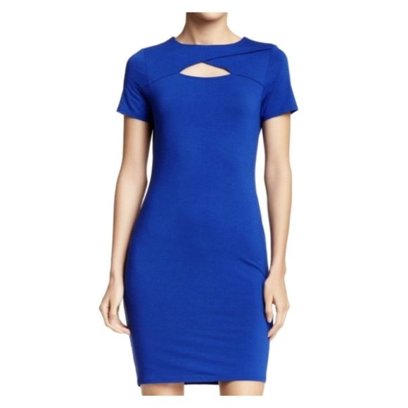 Vince Camuto Dresses & Skirts - Vince Camuto Short Sleeve Peephole Yoke Lapis Blue Knit Dress Size Medium